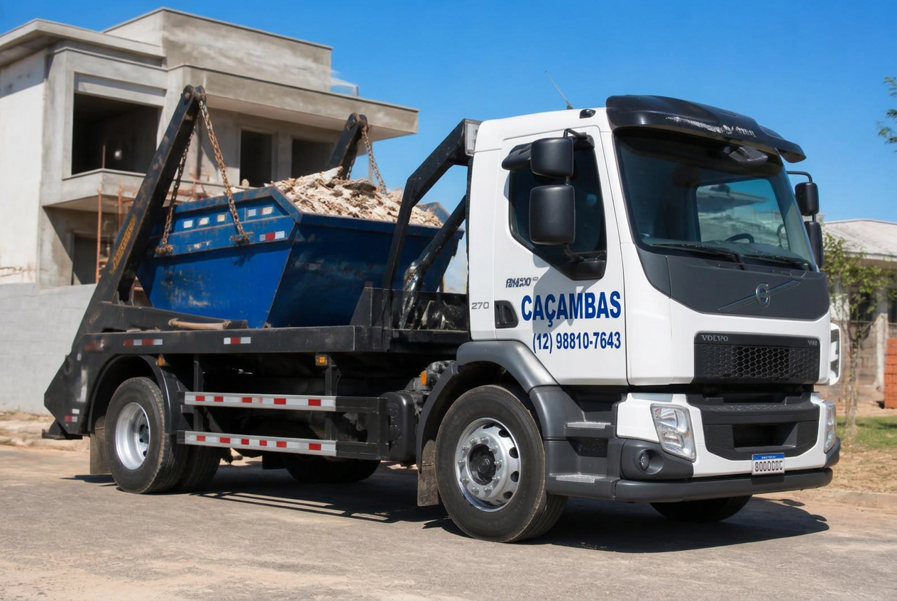 Caminhão branco de caçamba estacionária carregando caçamba azul com entulho