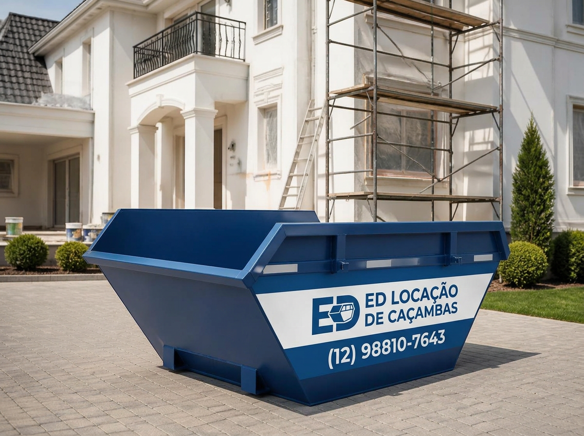 Caçamba estacionária azul posicionada na entrada de uma residência em obra